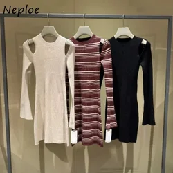 Neploe Temperament O Neck Flare Sleeve Srtipe Dress Off Shoulder All-match Knit Casual Robe Japanese Slim French Style Vestido