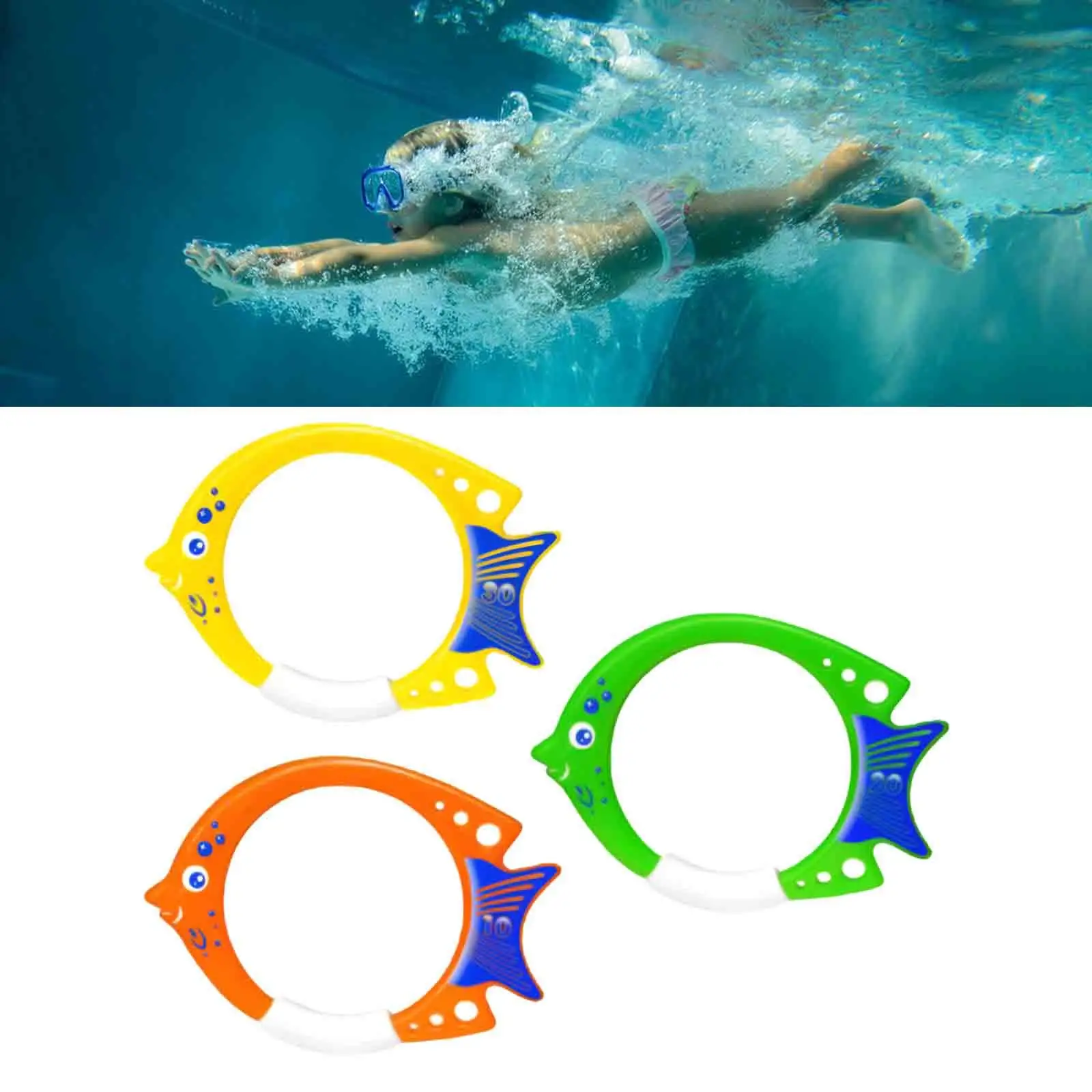 

3x Diving Fish Ring Toys Fun Sinker Set Underwater Swim Dive Rings Pool Dive Rings for Games Water Sports Aquatic Exercise Kids