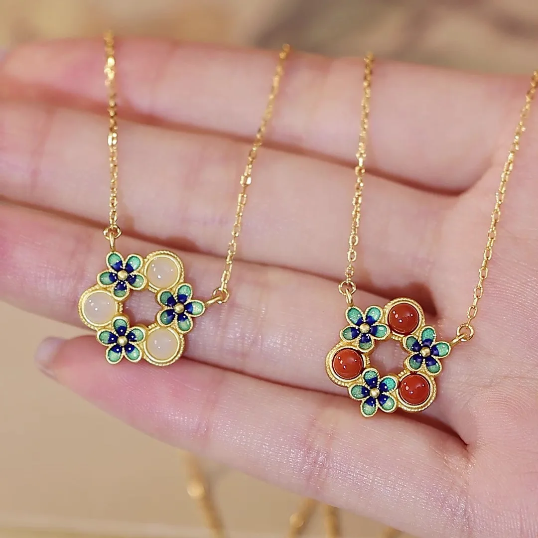 

Hetian jade necklace 9999 24K Real Gold Southern Red Agate Women's Gilded Enamel Five-Leaf Flower Lady Pendant Collarbone Chain