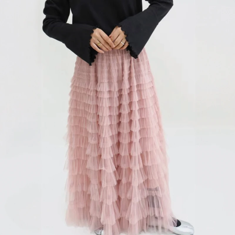 Women Chic Long A-Line Skirt in Black Pink Khaki Blue Students Y2K Korean Fashion femme Summer 2024 On Trend Midi Skirts length