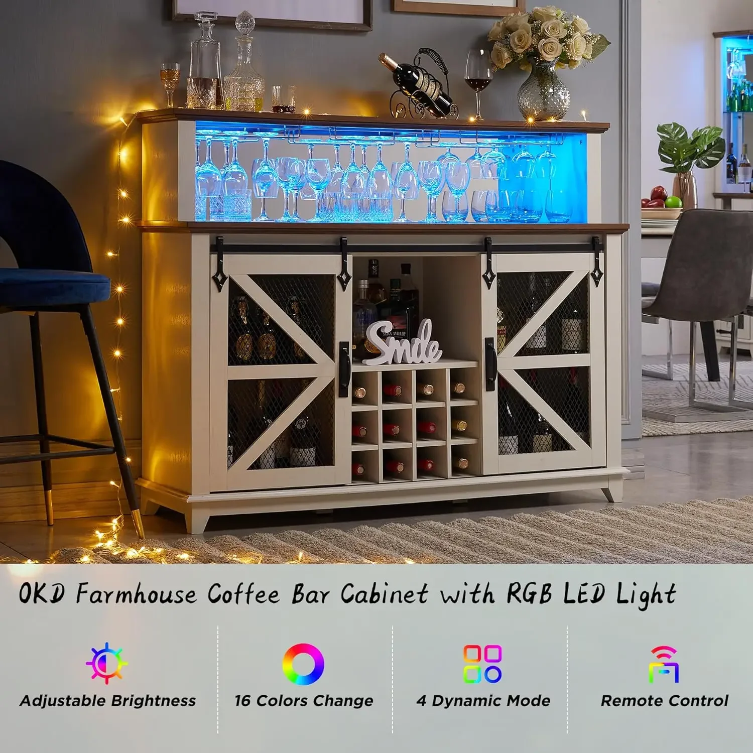 OKD-Farmhouse Coffee Bar Cabinet com luzes LED, vinho e vidro Rack, Buffet de cozinha com porta de celeiro deslizante, 55"