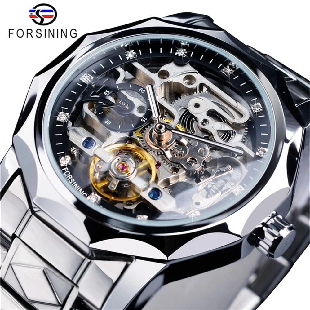 Forsining 199A  Clock Mechanism Skeleton Transparent Silver Stainless Steel Mens Automatic Mechanical Male Watch Birthday Gift