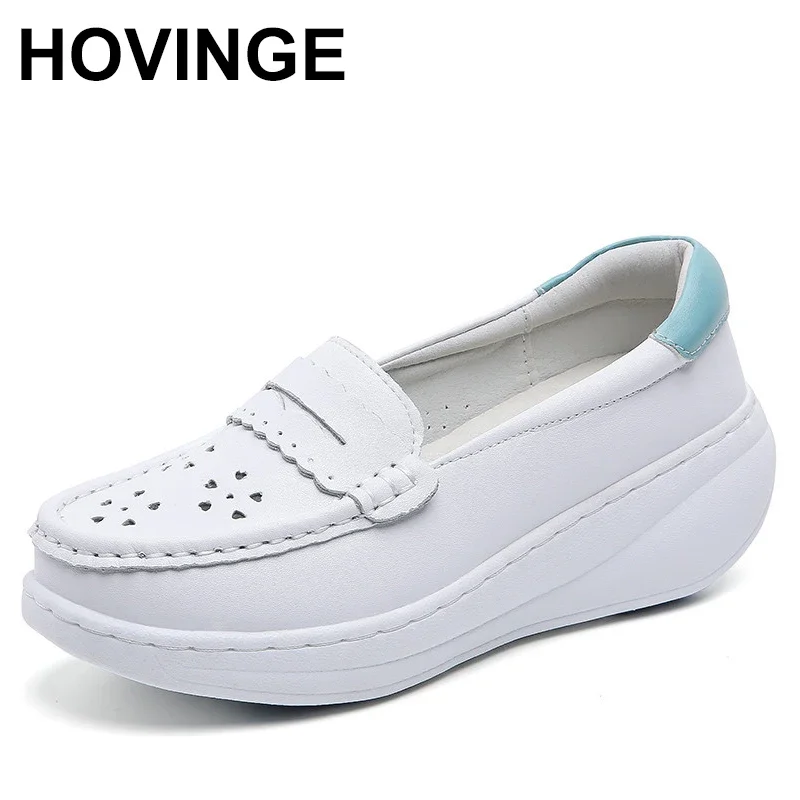 

HOVINGE Fashion White Split Leather Shoes Cutout Breahable Women's Flats Shoes Fitness Ladies Loafers Flats Platform Sneaker