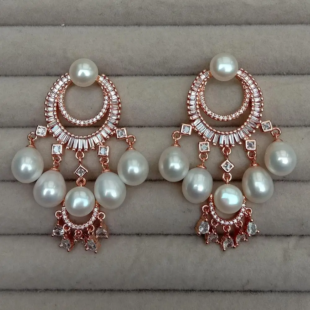 Y·YING New Hyperbole Real White Pearl Chandelier Earrings Cz Pave Rose Gold Plated Earring