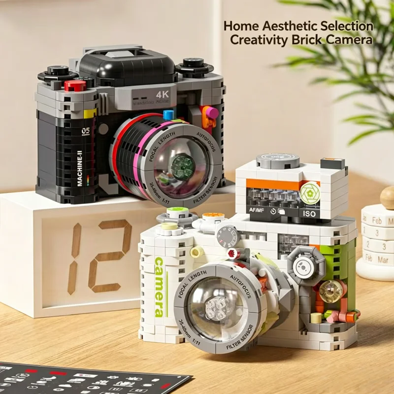 New Peony Preserved Flower Retro Imitation Camera Model Ornament Mini Particle Building Blocks Holiday Gift