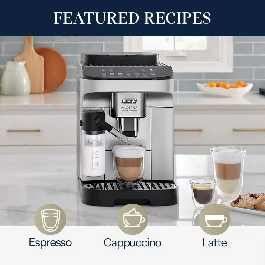 Longhi Magnifica Evo con sistema LatteCrema, máquina totalmente automática de grano a taza, capuchino Espresso y helado, suministros de cocina