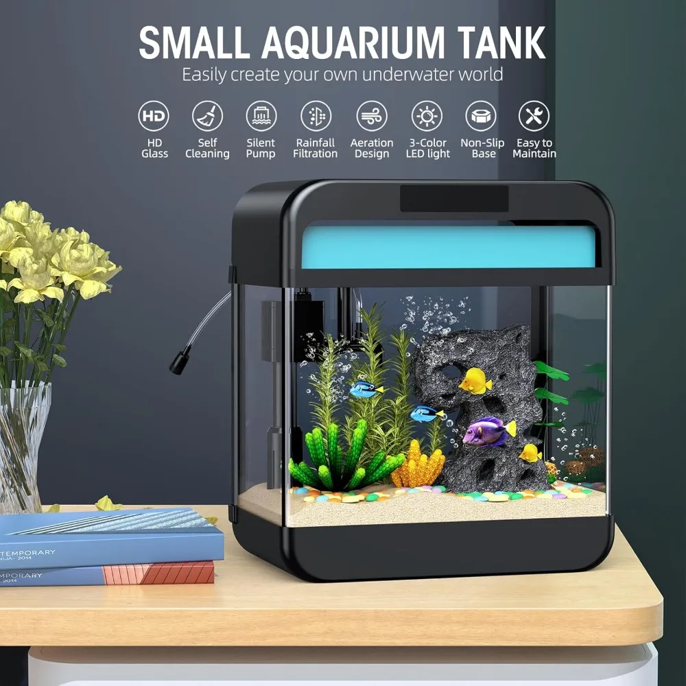 Fish Tank Aquarium, 2.2 Gallon, 3 Color Lighting, Self-Cleaning 3-in-1 Pump, Leak Proof Thickened Base, Living Room Aquariums