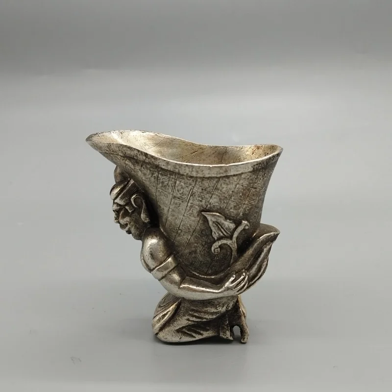 

China White copper wrestler's back corner cup Antique Style Metal Drinking Cup Chinese Collection Feng Shui Decor handicraft