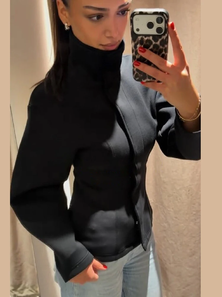 Women Black Stand Collar Snap Button Jacket Long Sleeve Fitted Waist Front Pocket Short Outerwear Fall Winter Daily Street Wear