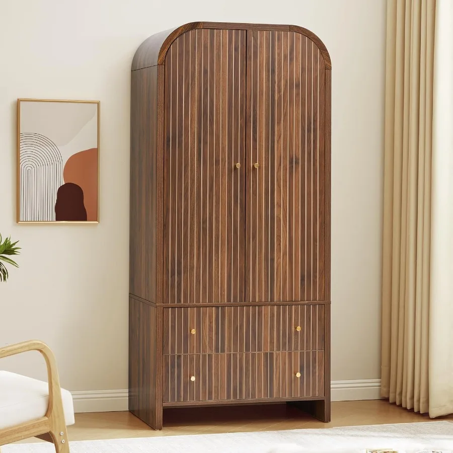 خزانة ملابس مقوسة بذراعين، خزانة ملابس حديثة ببابين في منتصف القرن مع قضيب معلق ودرجين منحوتين