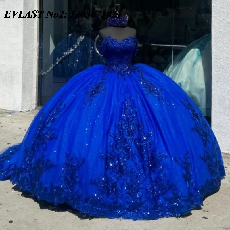 EVLAST Maßgeschneidertes glänzendes königsblaues Quinceanera-Kleid, Ballkleid, glitzernde Spitze, Perlenstickerei, Sweet 16, Vestidos de 15 Anos E2QA89