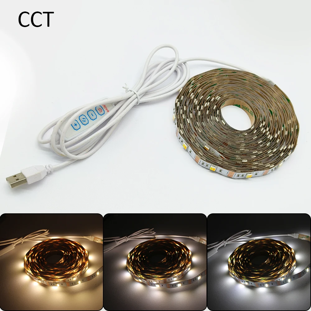 

CCT LED Strip Lights 5V USB Dimmable 30LEDs/m SMD5050 CW WW Dual White Flexible Ribbon Mini Controller Backlight TV Lighting