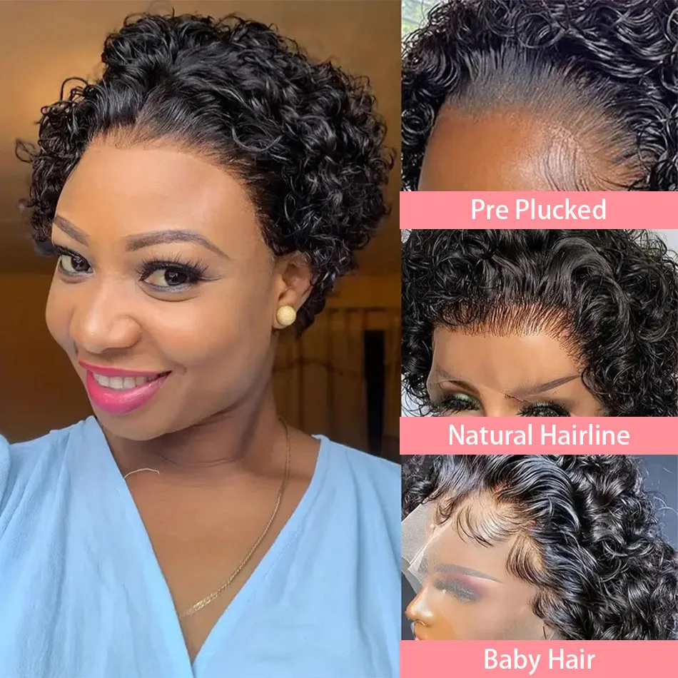 Peruca Curly Pixie Cut para Mulheres, Brasileira, Renda Transparente, Perucas de Cabelo Humano, Onda Profunda, Lace Front, Bob Wig, 100% Cabelo Humano, 13x1