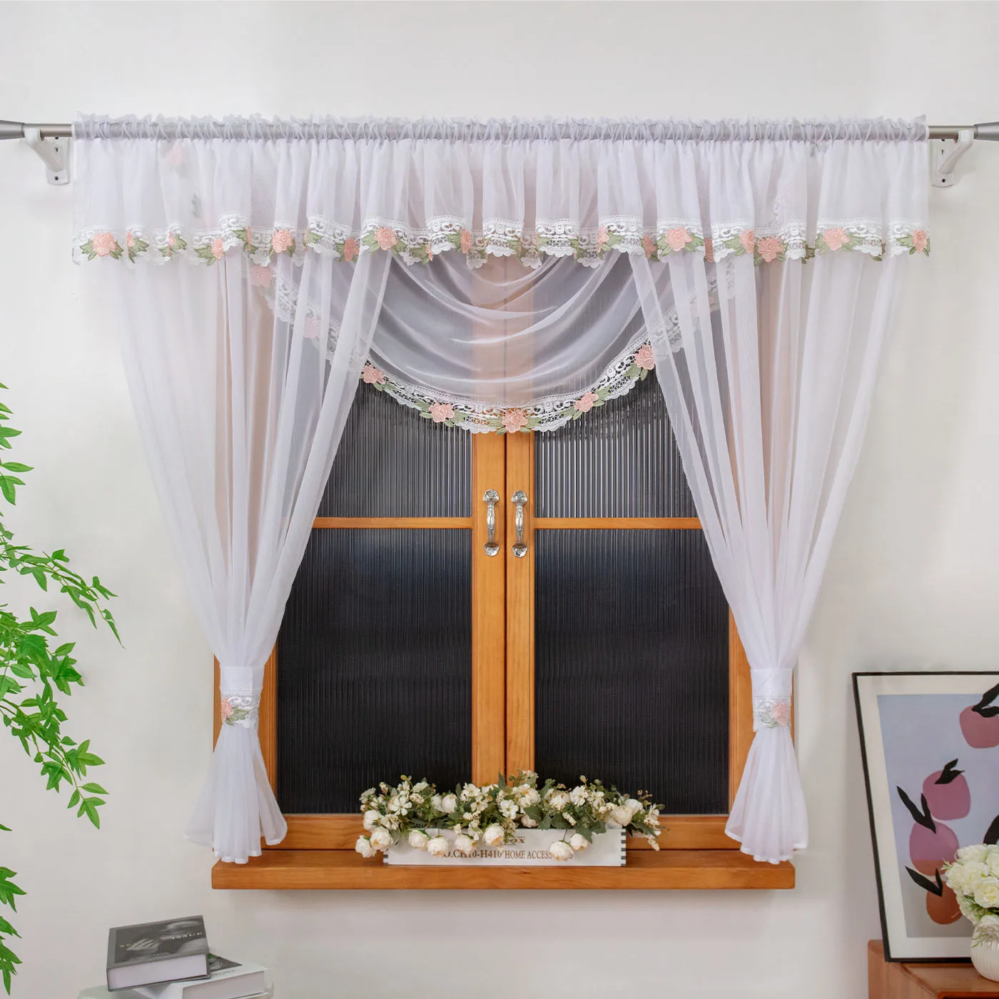 

1PC Integrated Valance Curtains Embroidered Lace Semi-Transparent Drapes for Children's room Wedding festivals decoration