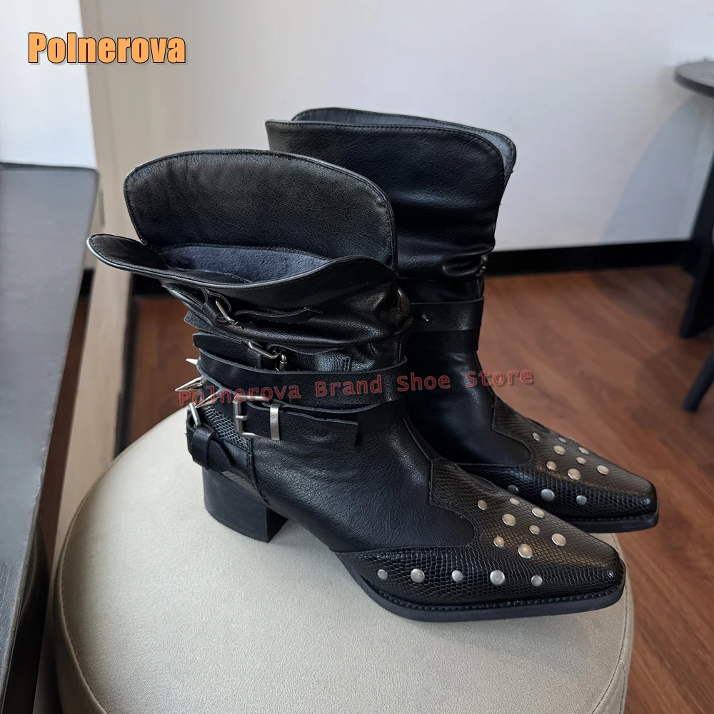 

Сапоги до середины икры в стиле ретро с пряжкой и заклепками в стиле ретро, однотонные плиссированные сапоги до середины икры в стиле пэчворк в стиле темно-панк, 2026, уличный стиль