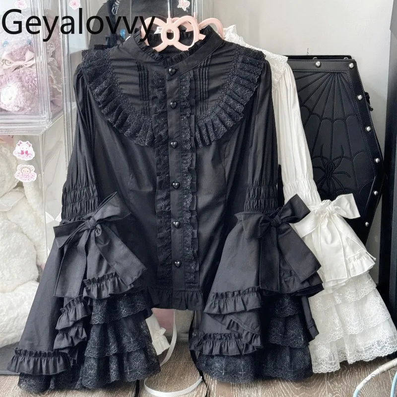 

Оригинальная однотонная универсальная рубашка в стиле Лолиты с длинными рукавами и воротником-стойкой, весна-лето, новый кружевной однобортный топ с воротником-стойкой