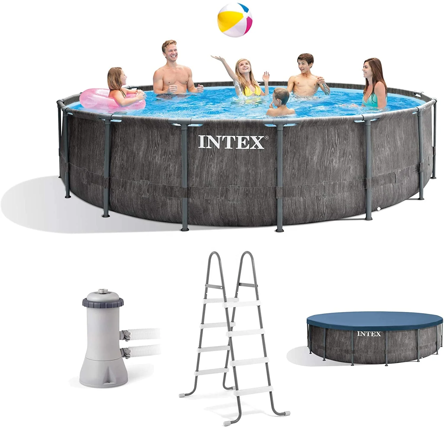 2021 Intex 26742 15ft x 48in Greywood  Steel Frame Outdoor Above Ground Swimming Pool Set with Cover, Ladder, & Pump