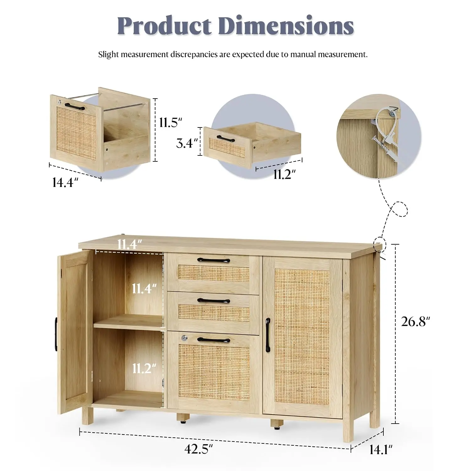 3 Drawer Lateral File Cabinet with Lock, Rattan Storage Cabinet with Printer Stand for Home Office Files, Wood, Customized