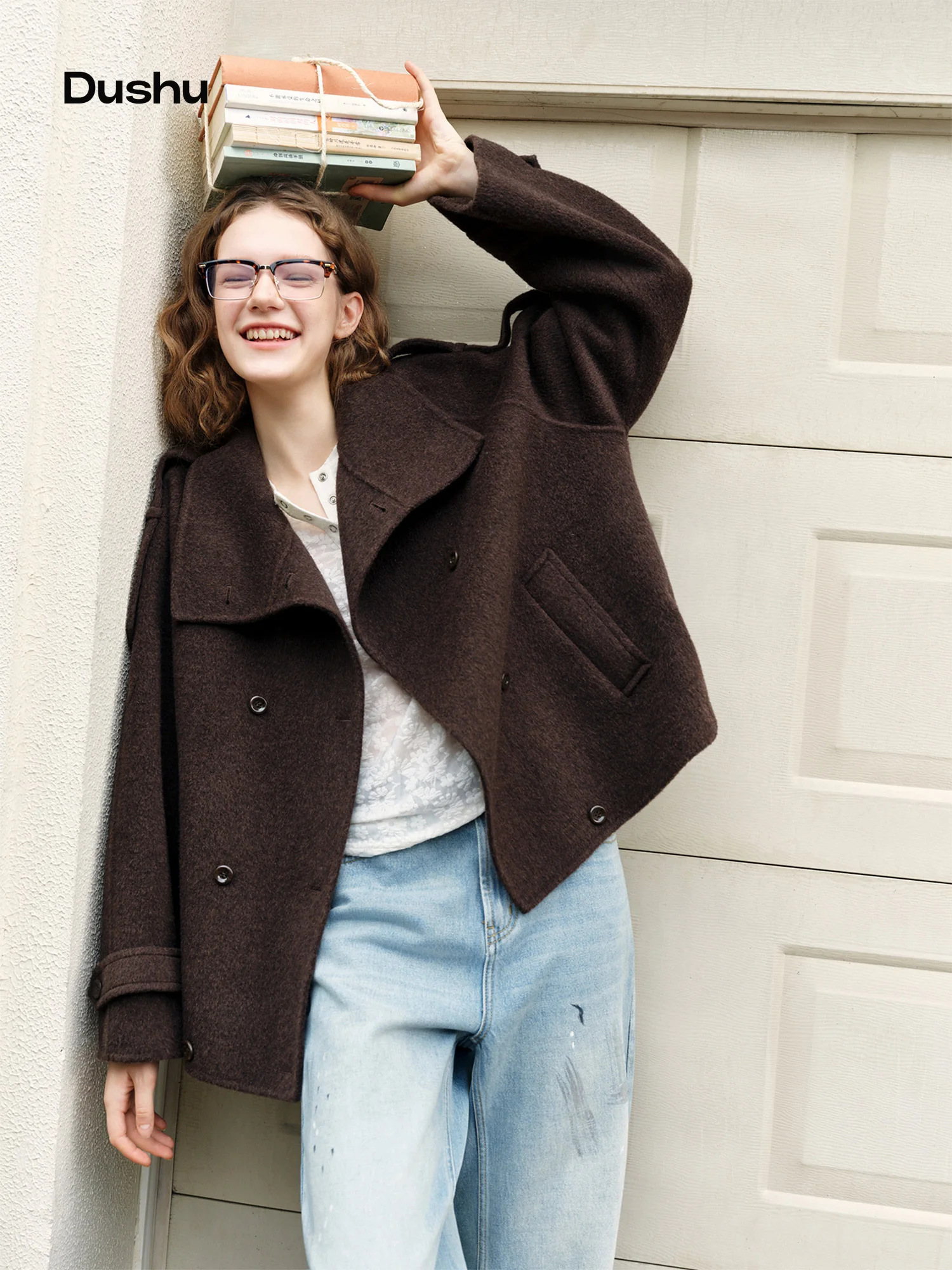 DUSHU 3 Color Preppy Style Double-breasted Workwear Wool Coat Women Retro Korean Style Plaid Loose Jackets Winter Warm