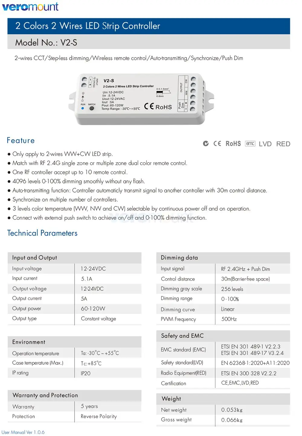 Skydance V2-S DC 12V 24V LED Controller for CW WW LED Strip CCT 2 Wires Push Dimmer 0-100% Dimming Function Wireless RF Remote