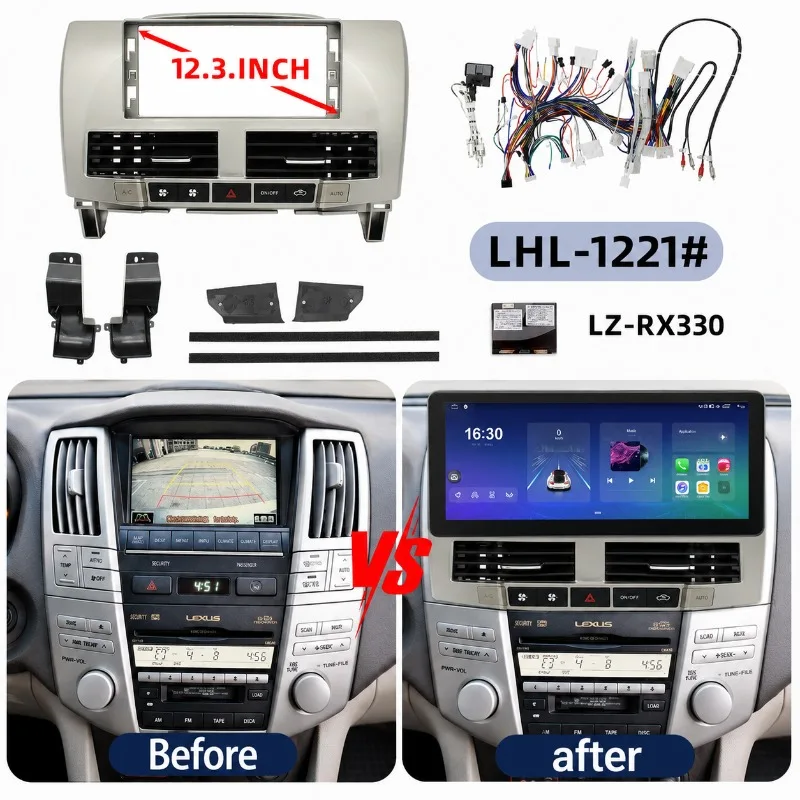12.3 Inch Car Radio Fascia Frame For Lexus RX330 2003-2009 Android Stereo Dashboard Panel Trim Wiring Harness Kit