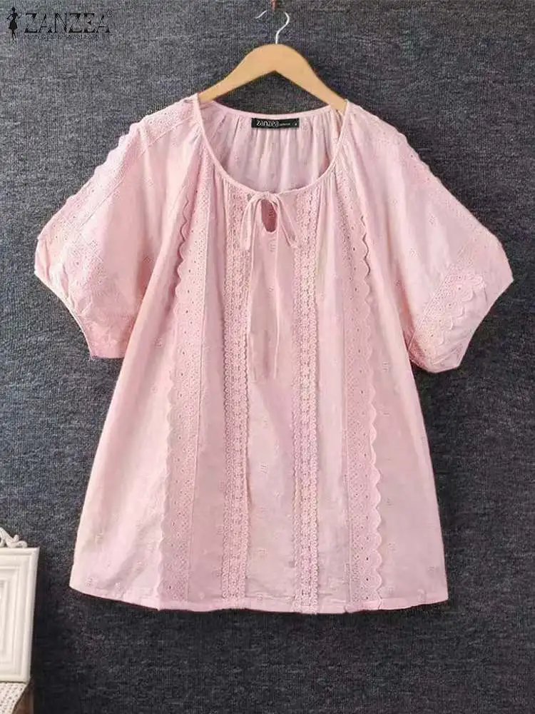 ZANZEA Women Bandage Blouse 2024 Autumn Fashion Lace Tops Vintage Half Sleeve O-neck Shirts Casual Loose Korean Tunics Blusas