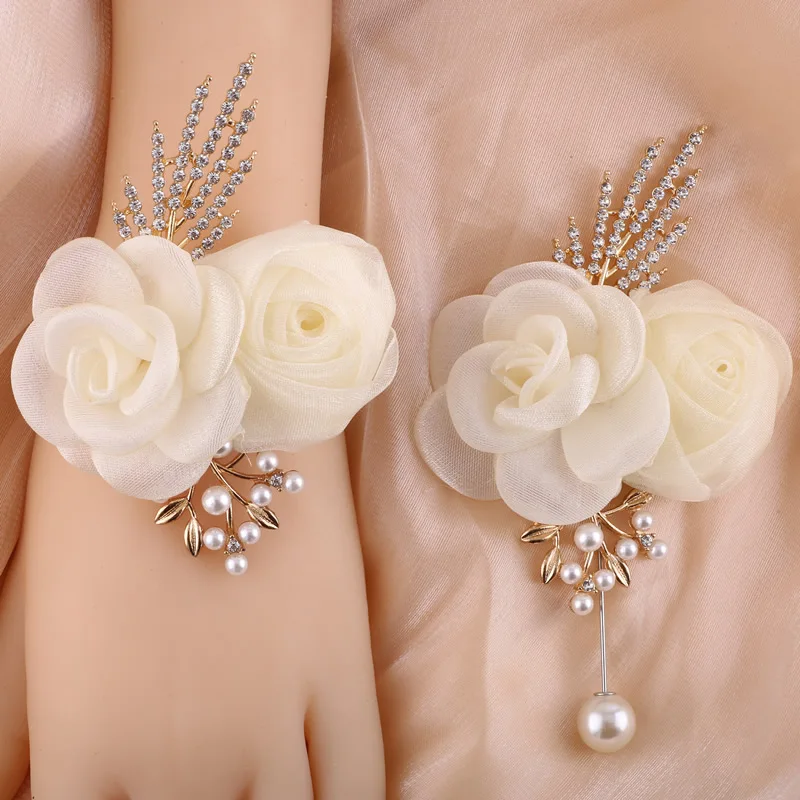 Elegant Ivory Crystal Rose Boutonniere Bridal Wrist Flower Cocktail Prom Corsage Set Wedding Essential for Lapel or Wrist