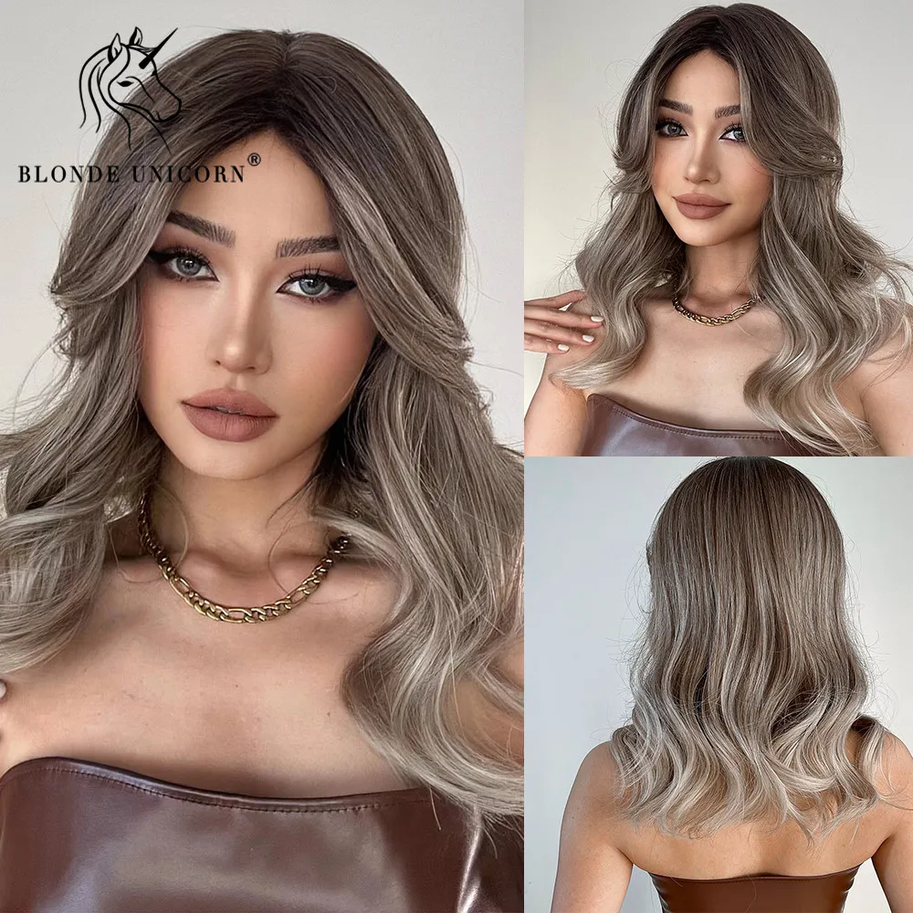 

BLONDE UNICORN Synthetic Wig Natural Short Bob Wig Ombre Brown Wavy Hair With Bangs Daily Use For Women Heat Resistant Daily Use