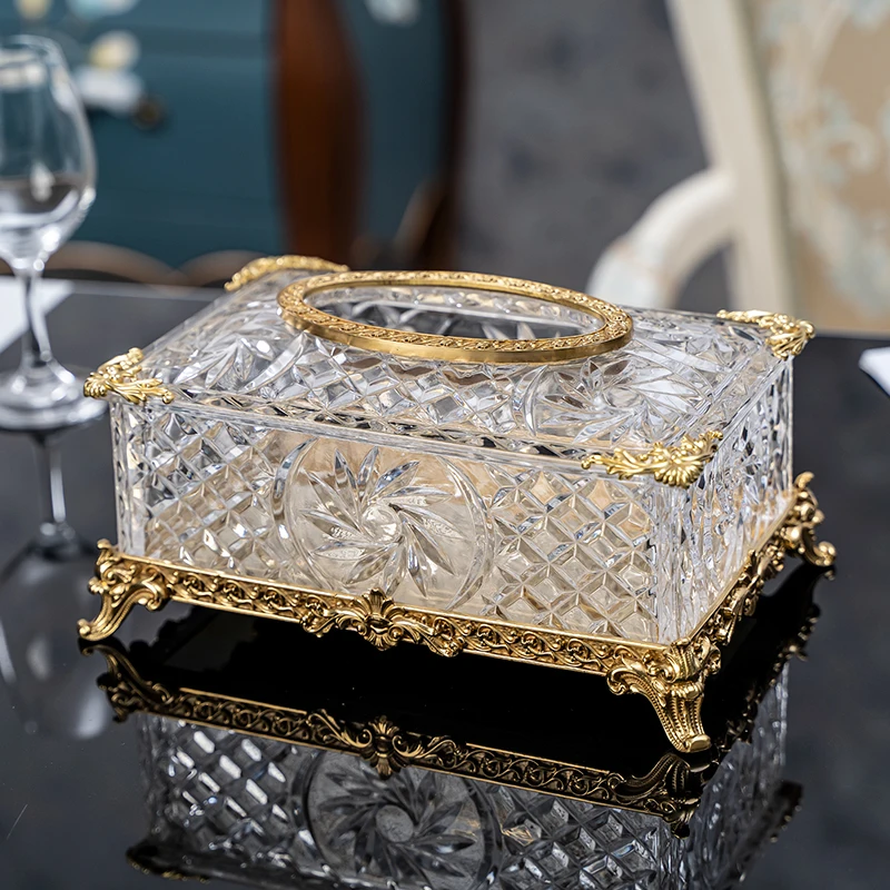 European transparent crystal glass with copper tissue box luxury high-end living room restaurant creative home pumping carton or