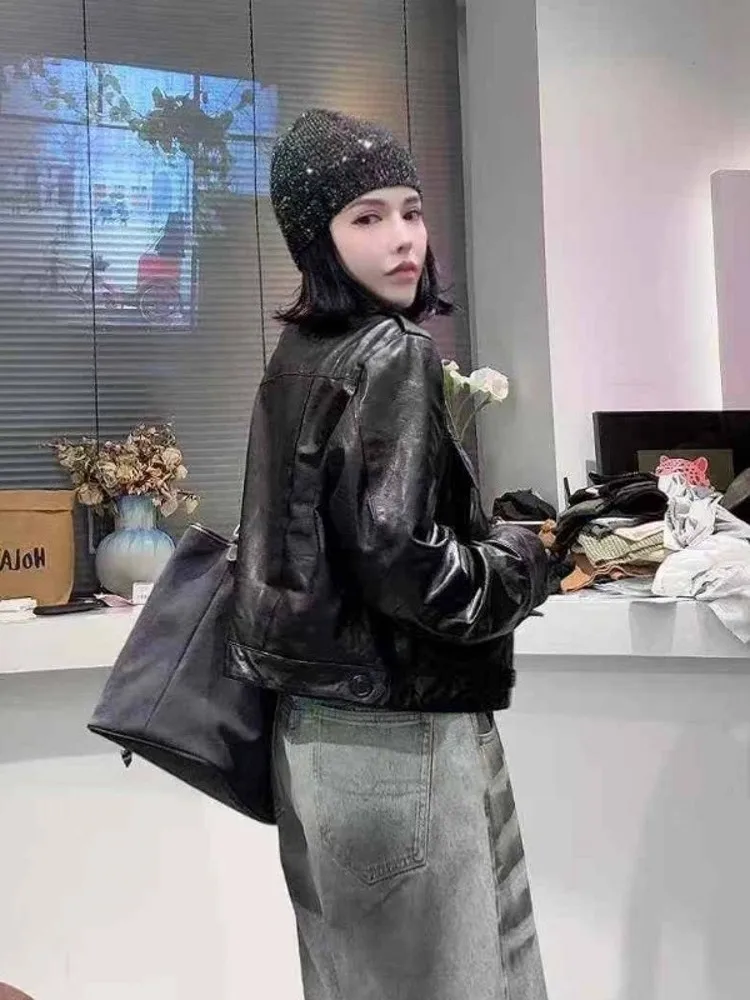 High Street Giacca da donna in vera pelle di vacchetta cerata a olio stile corto monopetto stile punk capispalla cappotti casual da moto