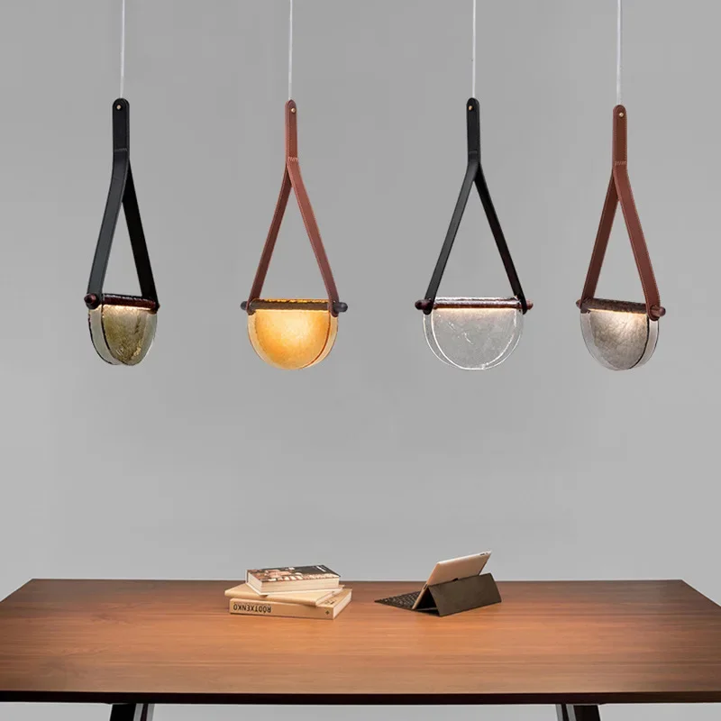 Modern Leather LED Pendant Light Translucent Semi-circle Glass Chandelier for Dining Table Restaurant Bar Decor Art Hanging Lamp
