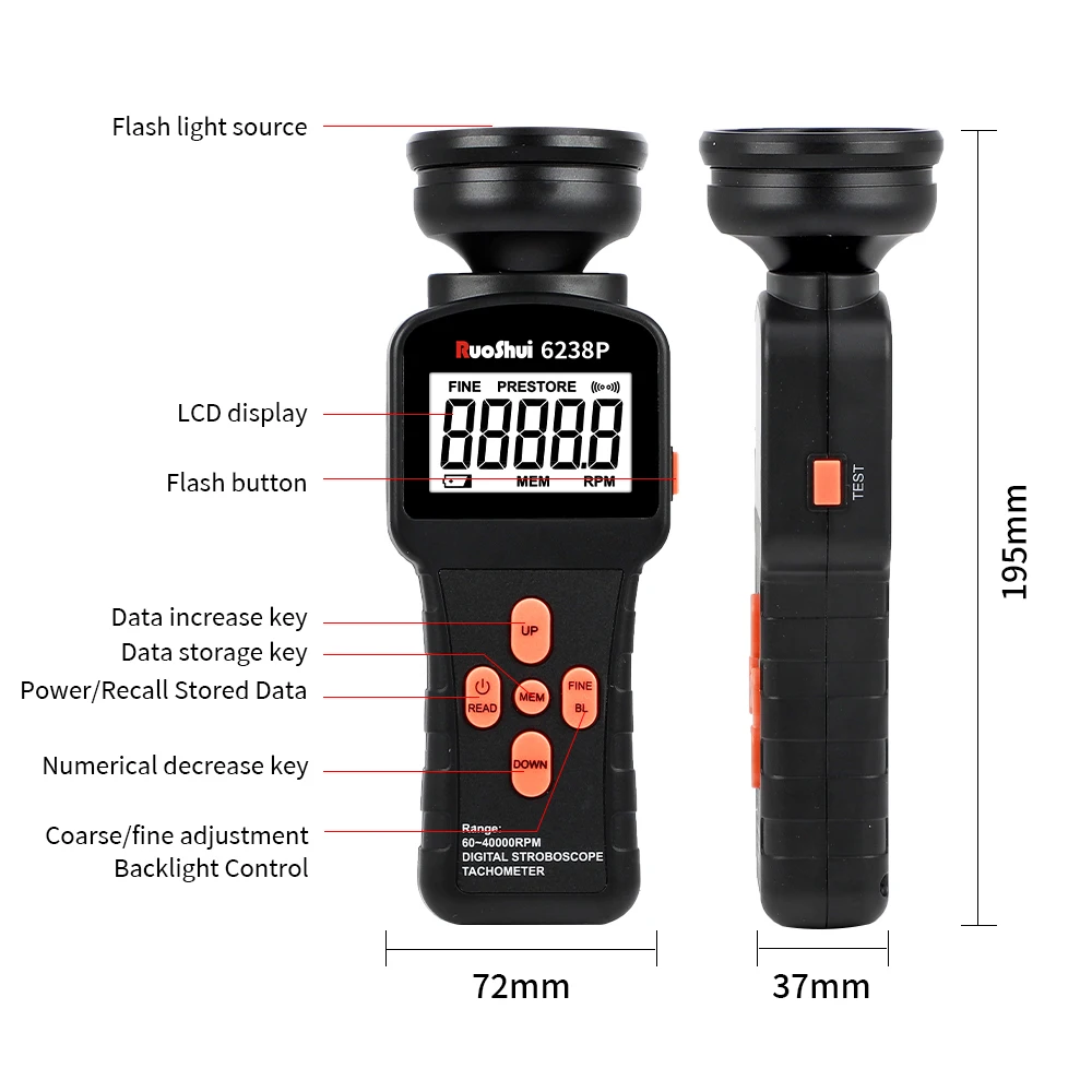 RuoShui Contagiri stroboscopio digitale 6238P LCD Misuratore di rivoluzione fotoelettrica flash senza contatto 60-39999 RPM Tester tachimetro