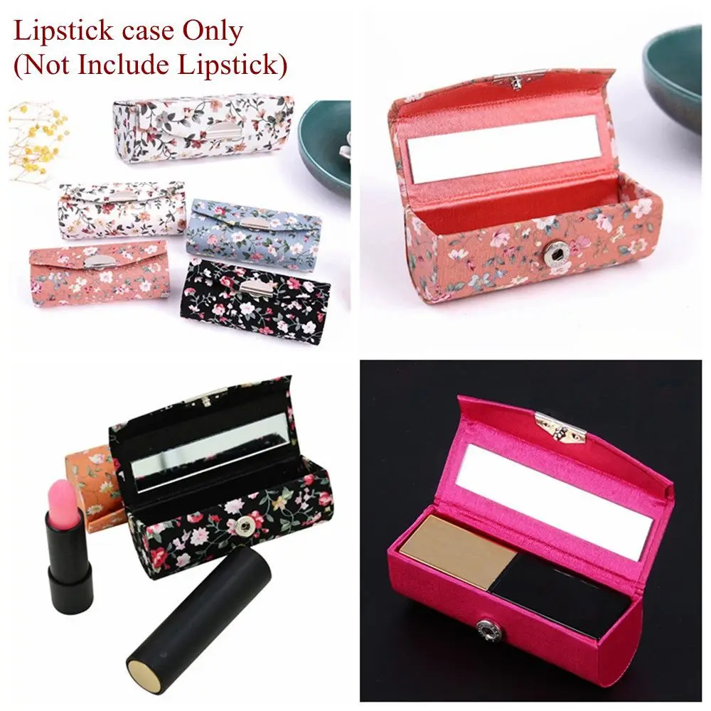 Women Beauty Retro Embroidered Flower Designs Lip Gloss Box Jewelry Holder Mini Mirror Lipstick Case