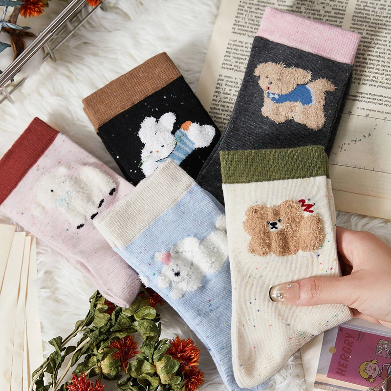 

Women's Socks Cute Kawaii Flocking Dots Yarn White Middle Tube Socks Casual Comfort Spring Autumn Cartoon Animal Pile Stockings