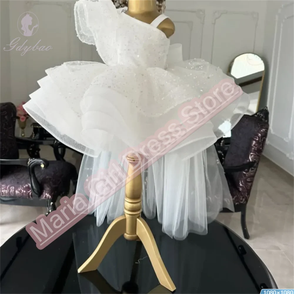 

White Girl Prom Dress Asymmetrical Length Flower Girl Dress Sparkling Trail Celebration Fluffy Festive Event New 2025