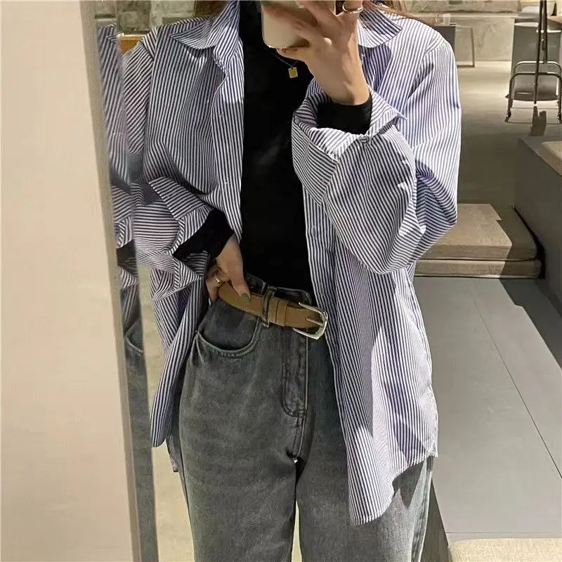 

Autumn New Loose Striped Long Sve Women's irt Inner Wear Outerwear Sli Design Base Layer Top Trendy Korean Sle