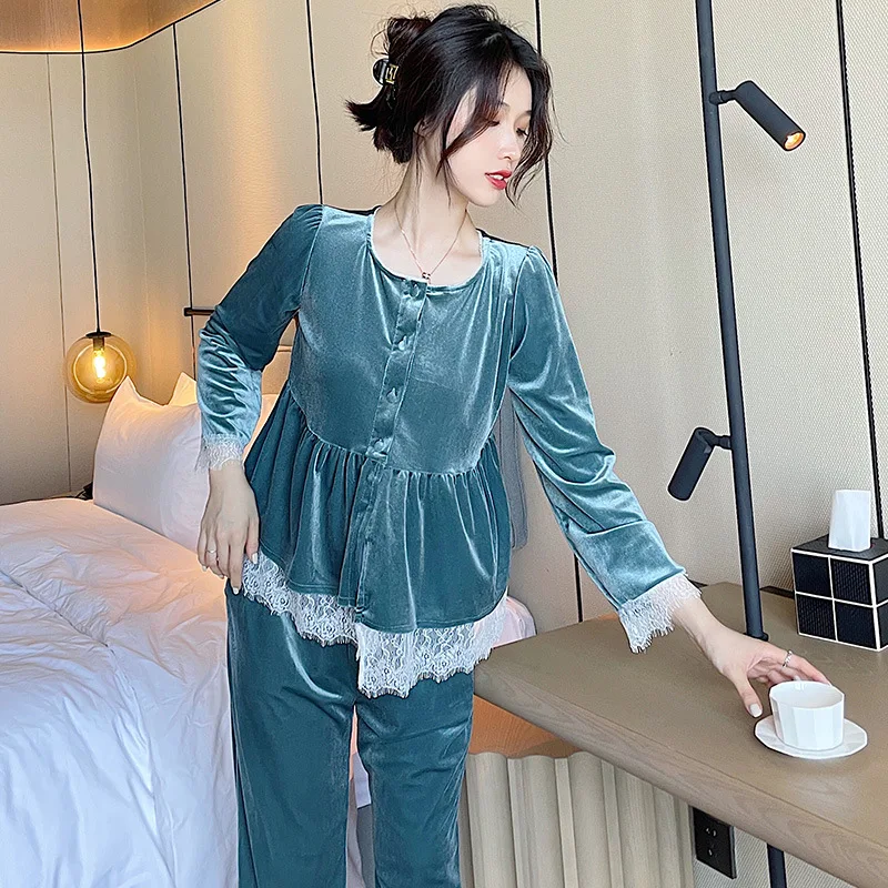 Autumn Winter Velvet Nightwear Pyjama Femme Trouser Suit Sleepwear Set Velour Pajamas Female 2PCS Sexy V-Neck Lace Homewear