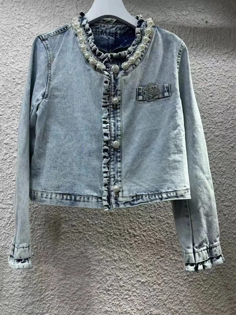 2024 Spring Autumn Peals Beading Ruffles Denim Coat Women Fashion O-Neck Long Sleeve Casual Streetwear Short Jean Jacket Female