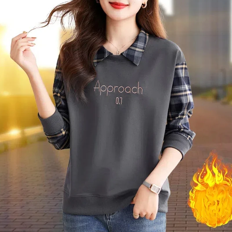 Women's Clothing Hoodies Turn-down Collar Pullover Letter Embroidered Checkered Lantern Long Sleeve Casual Office Lady Tops