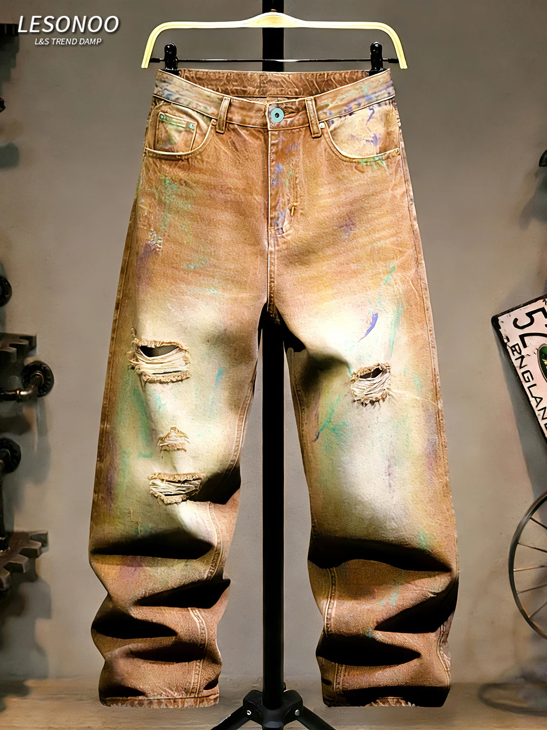 

Мужские рваные джинсы American Style, прямого кроя, свободные, модные, городские, повседневные, из смесового хлопка, с эффектом потертости, трендовые брюки