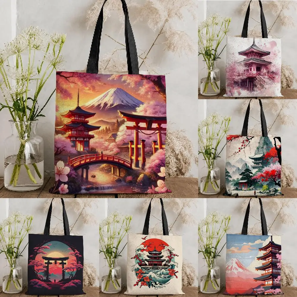 Classic retro Japanese-style architecture Storage Bags Reusable Large Capacity Shopping Bag for Daily Use Grocery Travel & Work