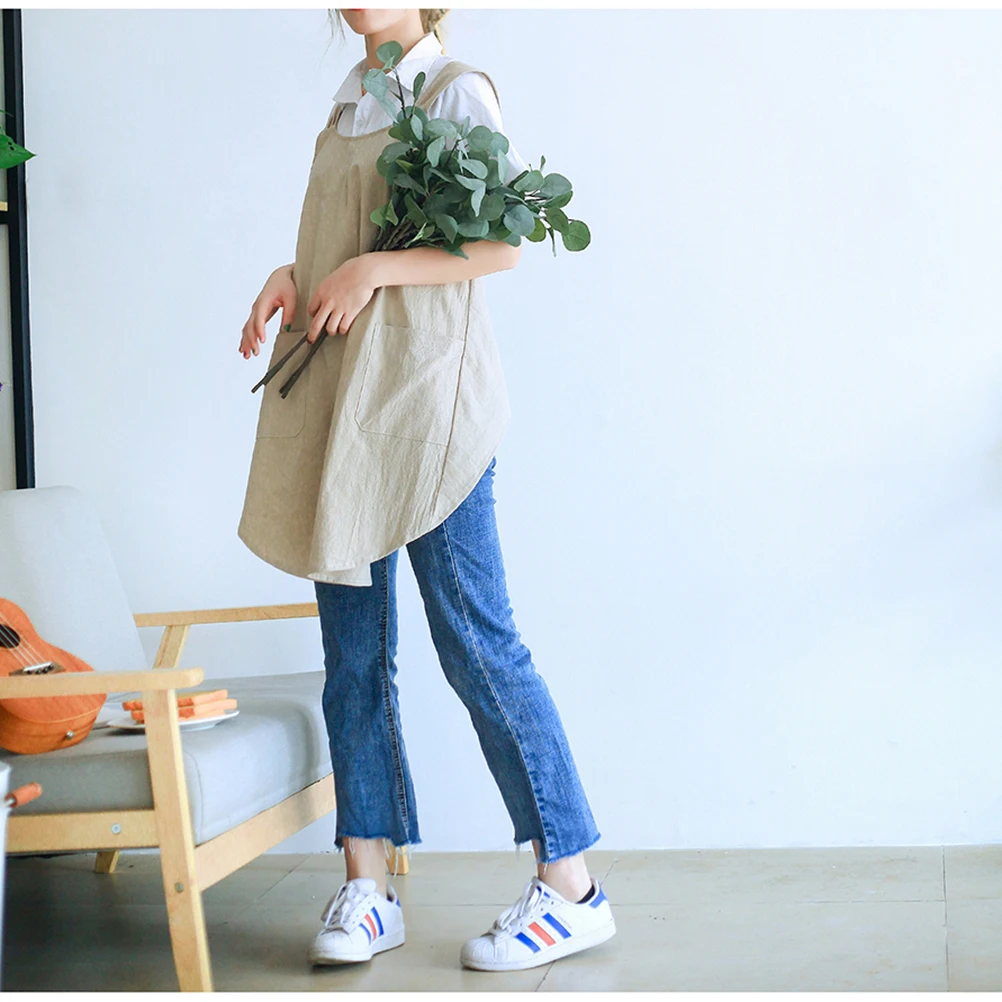 

Cotton Linen Apron Stain Resistant Sleeveless Kitchen Housework Cooking Restaurant Cafe Bar Gardening Baking Practical Use