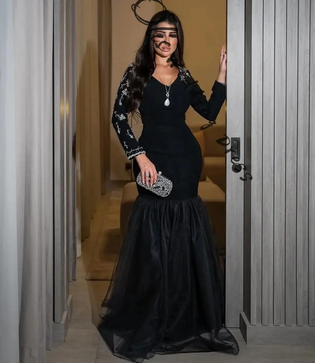 

customized Mermaid Long Sleeves V Neck Prom Dresses Pleated Beadings Floor Length Party Dresses Evening Dresses