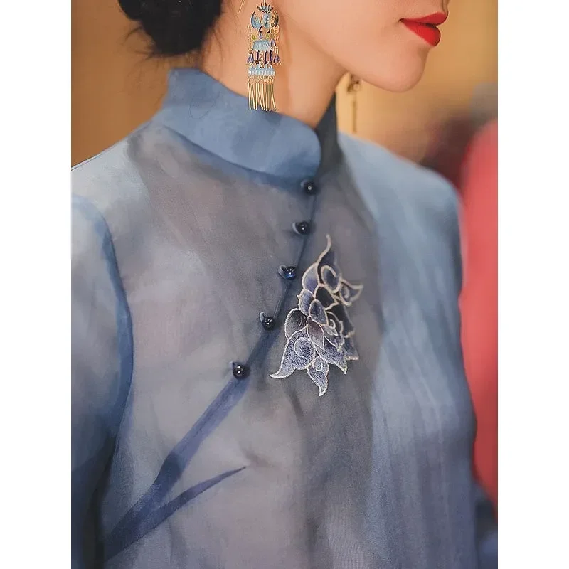 Traditional Chinese Tang Suit Top Summer Women Graceful Light Blue Long Sleeve Collar Lotus Embroidered Modified Hanfu Top