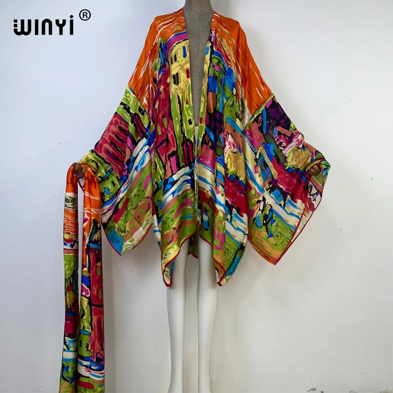 Winyi Bikini Cover-Ups Fashion Printing Zelf Belted Vrouwen Zomer Kleding Kimono Vakantie Jurk Strand Wear Swim Suit Cover up