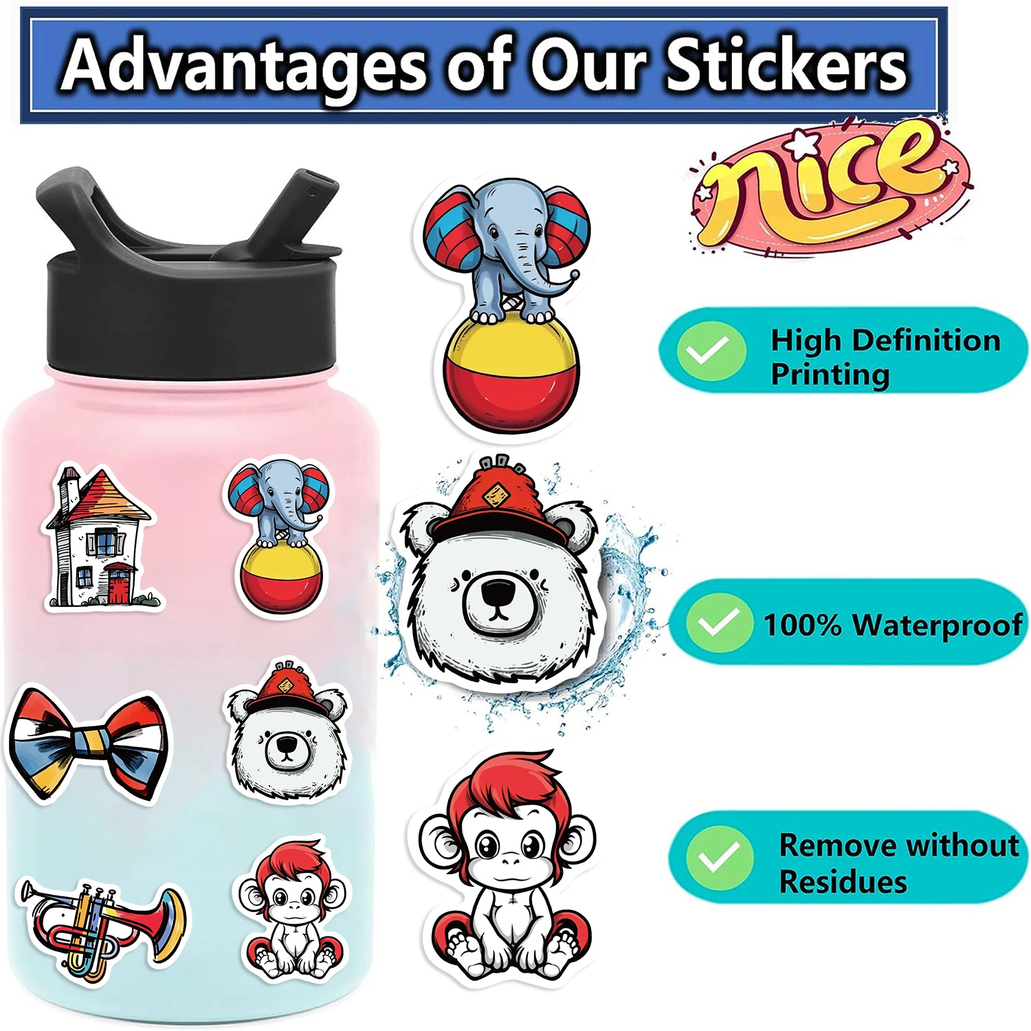 50pcs Cartoon Circus Stunt Children's Sticker Art Interesting Aesthetics Graffiti Laptop Clipbook Bottle Sticker Gift