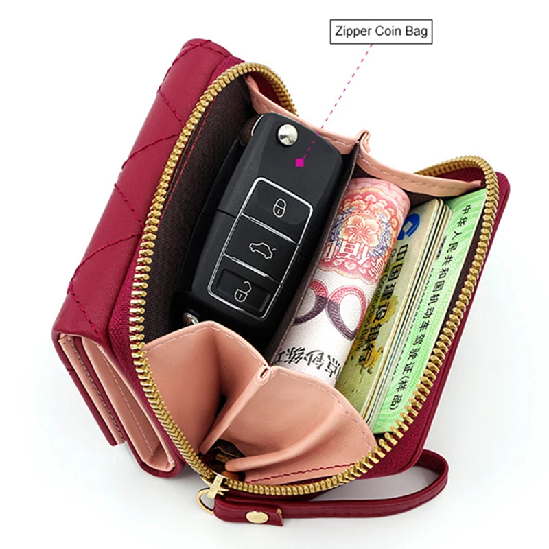 Embroidered Heart Pattern Coin Purse Women PU Short Wallet With Multi-card Position Lady Solid Color Tri-fold Zipper Money Bag