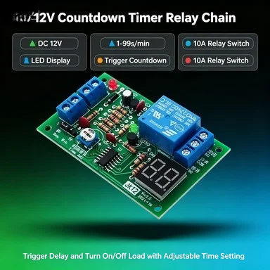 12V Digital Delay Relay Module with LED Display, 1-99s/min Adjustable, Trigger ON/OFF Switch for Automation