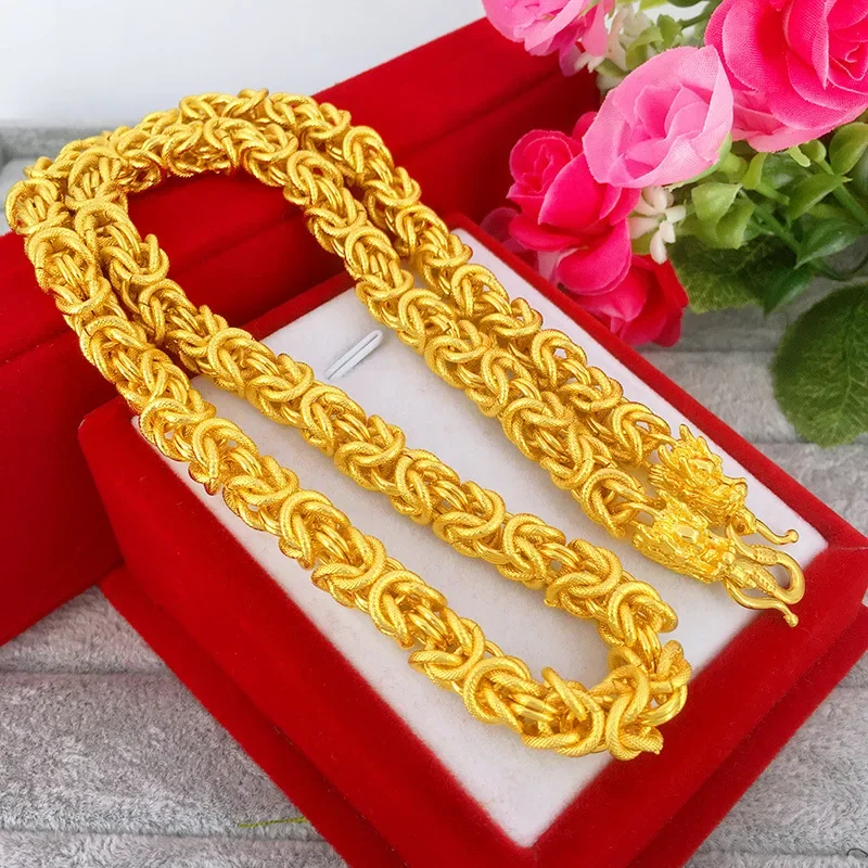 Men's Luxury Dragon Twist Sand Gold Color Necklace Plated Pure Gold Color Bracelet Wedding Anniversary Necklace Jewelry Gifts