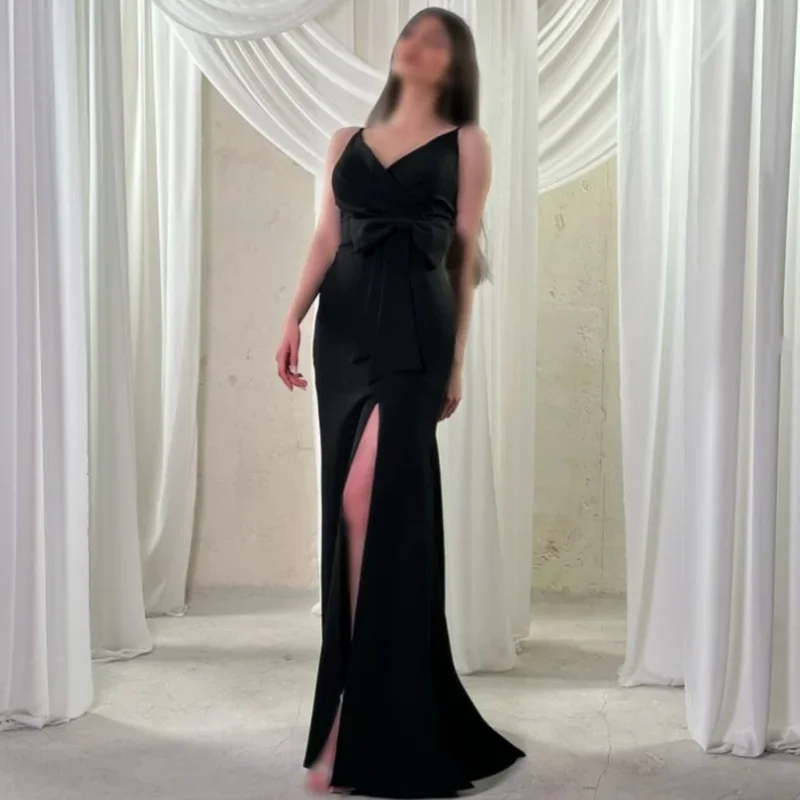 

Customized V-neck Jersey Bow Prom Gowns Mermaid Floor length Evening Dresses Draped vent Homecoming Dresses